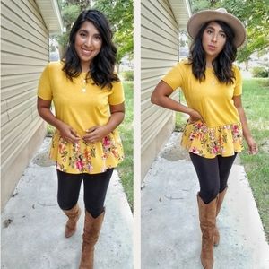 YELLOW MUSTARD RIBBED FLORAL HEM TOP